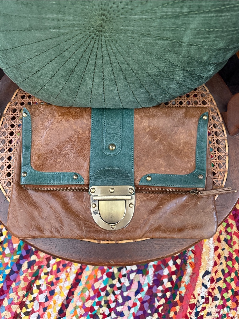 Vintage 90s/Y2K Top Shop Real Leather Cognac & Teal Fold Over Boho Hippie Clutch